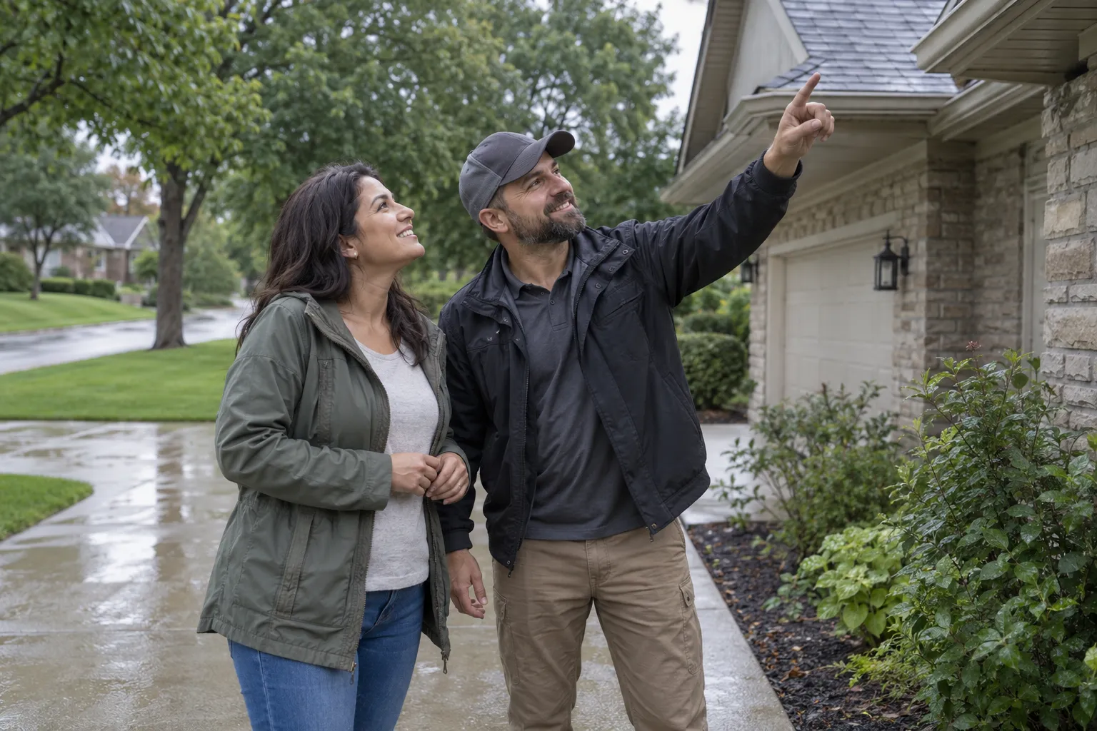 A homeowner talking with a roofing provider about a new roof in the Yelm area